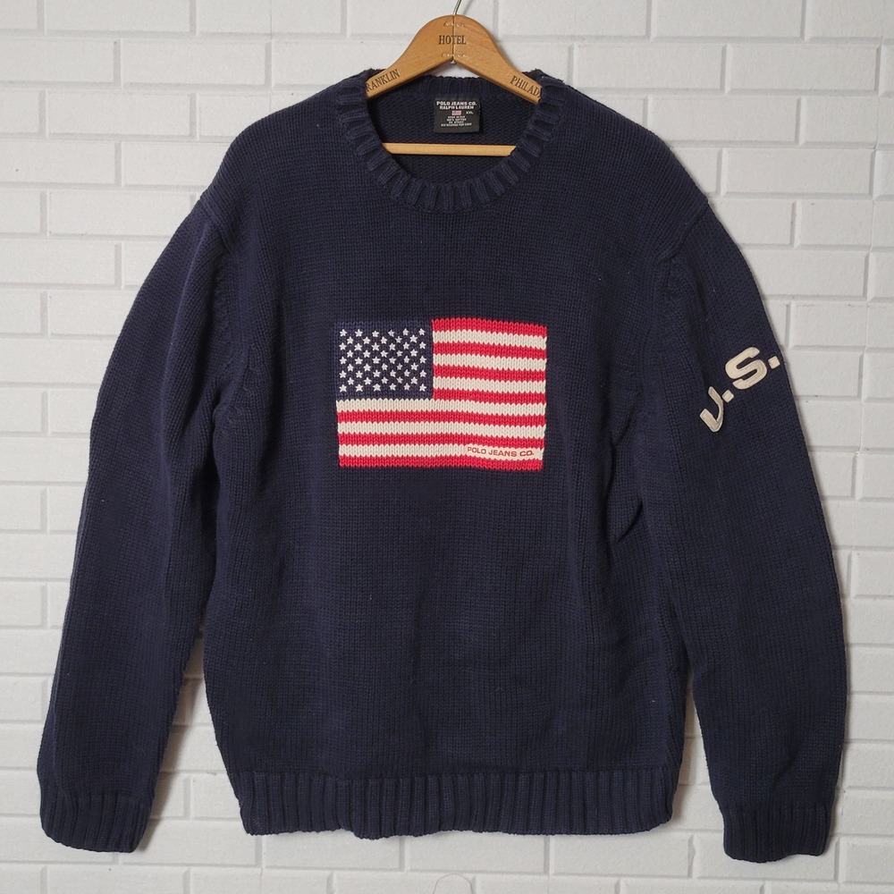 Vtg 90s Polo Jeans Co Ralph Lauren American Flag Sweater XXL Navy Blue Cotton